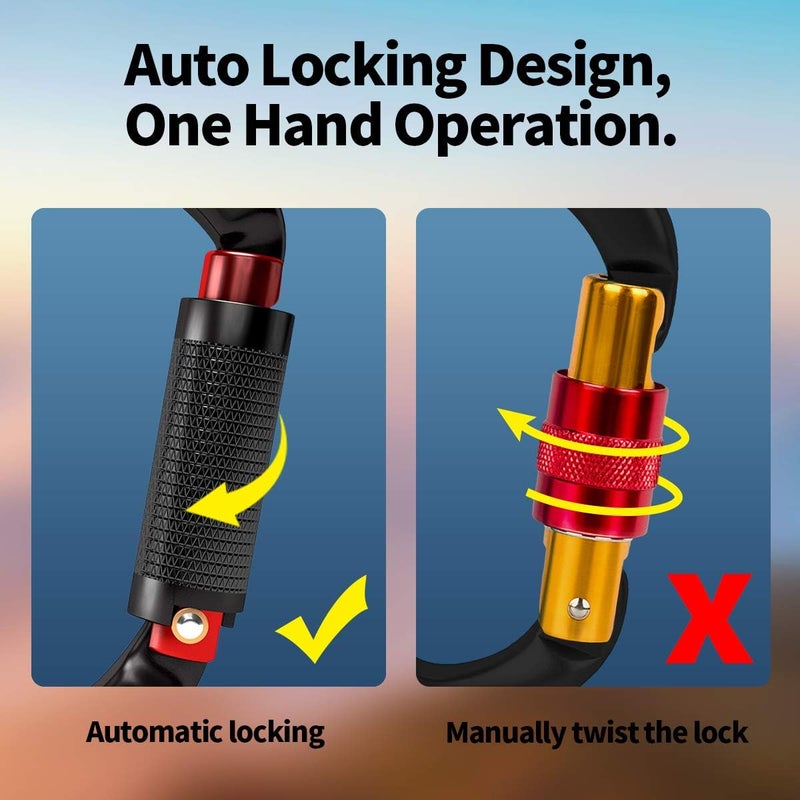 FVW Auto Locking Rock Climbing Carabiner Clips,Professional 25KN (5620 lbs) Heavy Duty Caribeaners for Rappelling Swing Rescue & Gym etc, Large D-Shaped Carabiners - Image 3